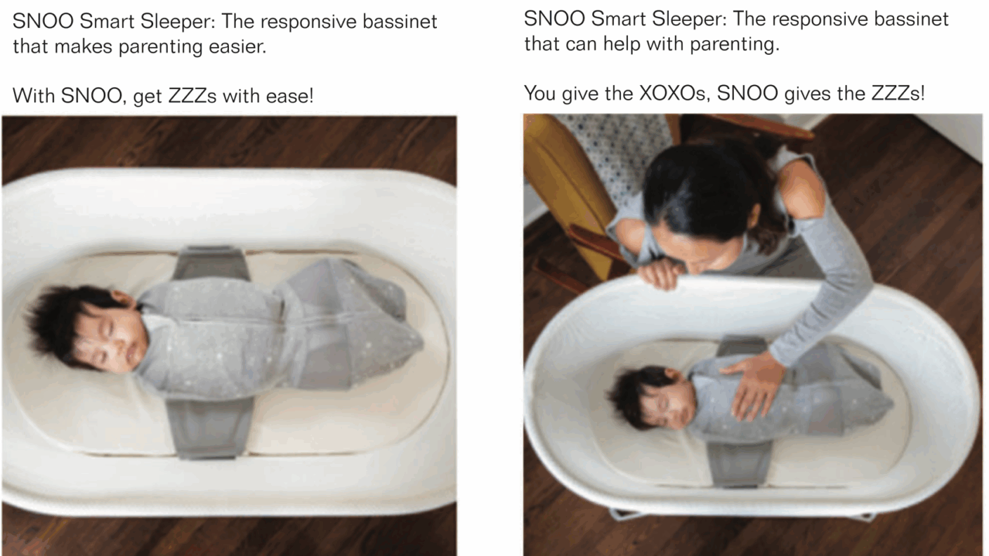 Two photos of a baby in bassinet, but the one on the right shows mom caressing the baby as well